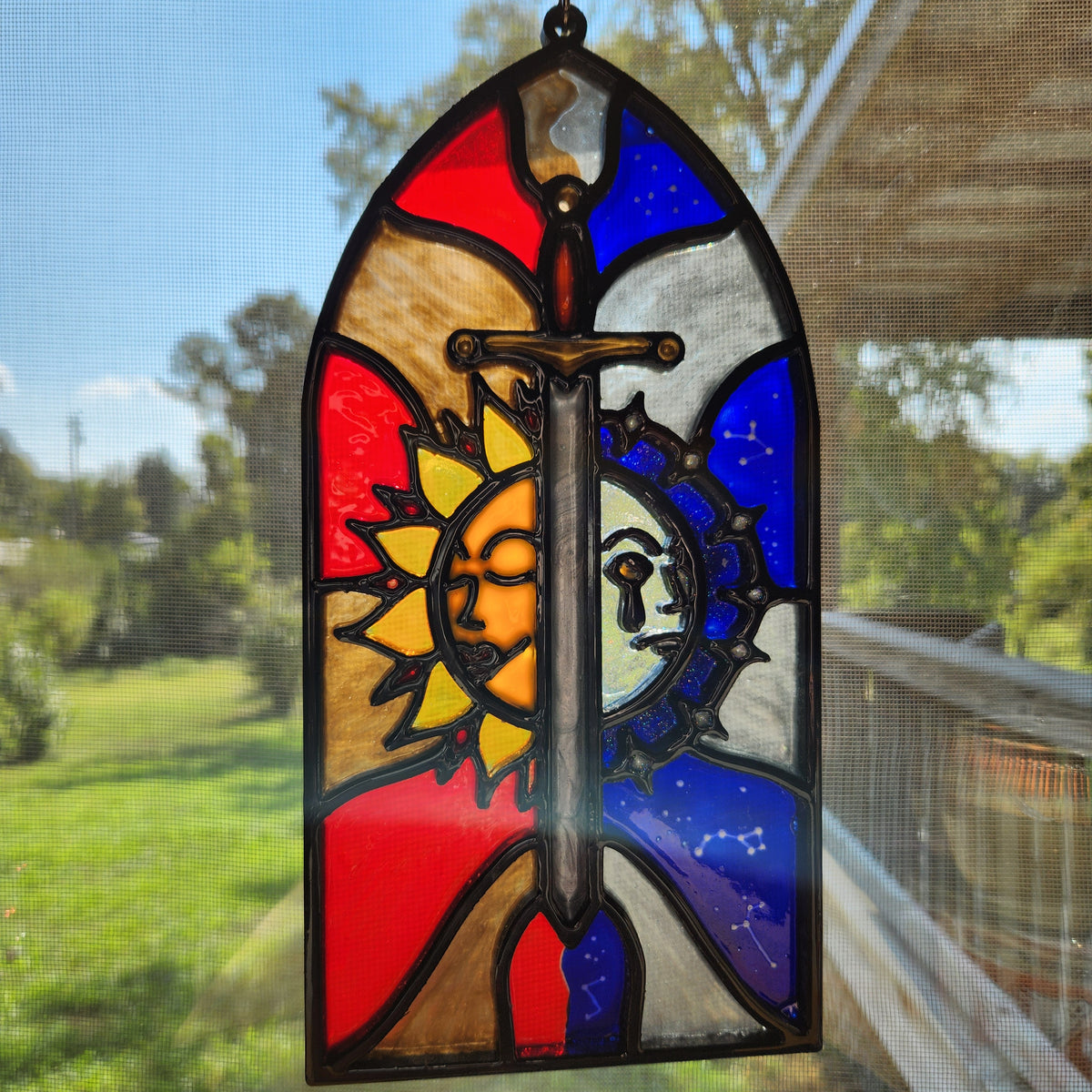 Sun and Moon: 5 1/4" x 10 3/4" Hand-Painted Acrylic Suncatcher